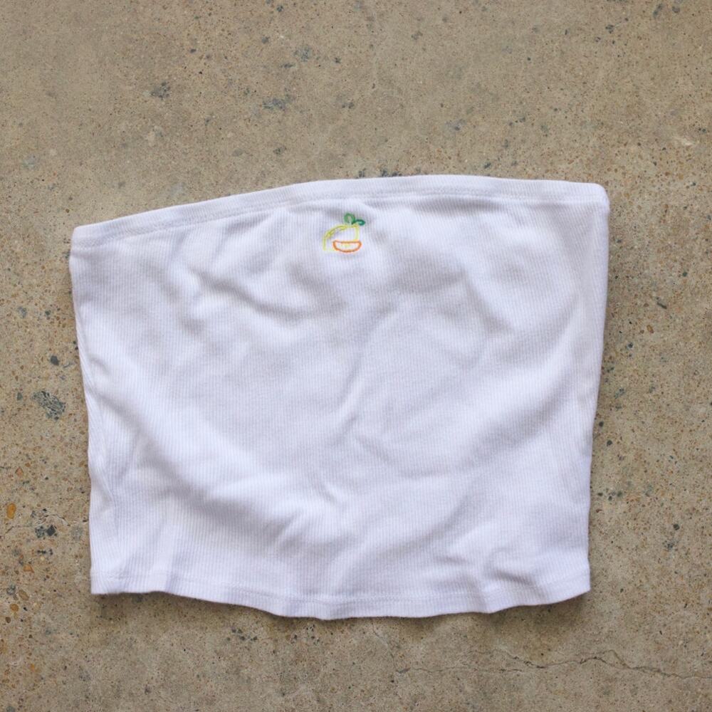 Y2K Ribbed Tube Top White Lemon Embroidered Strapless Bandeau Size Small